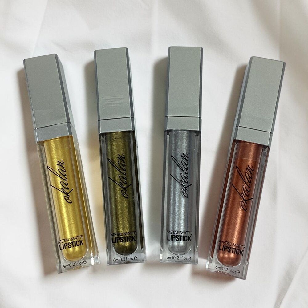 Okalan Metal Matte Lipstick Set 4pc Gold Silver Olive Copper Liquid Lip Color